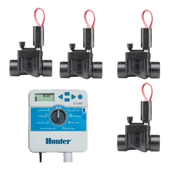 Kit De Programador Hunter Xcore4 + 4 Electroválvula Pgv100 - Control Automático Para Riego En Jardines Y Áreas Verdes, Solución Completa Para Sistemas De Riego, Fácil De Instalar Y De Alta Durabilidad
