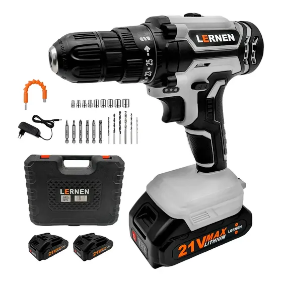 Kit Taladro Destornillador Inalámbrico Lernen 21v + 2 Baterías Color Gris