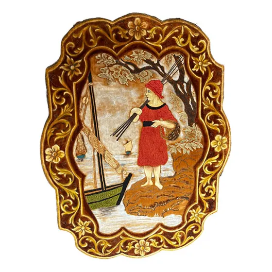 Antiguo Cuadro Tapiz Original Bordado Y Pintado Unico