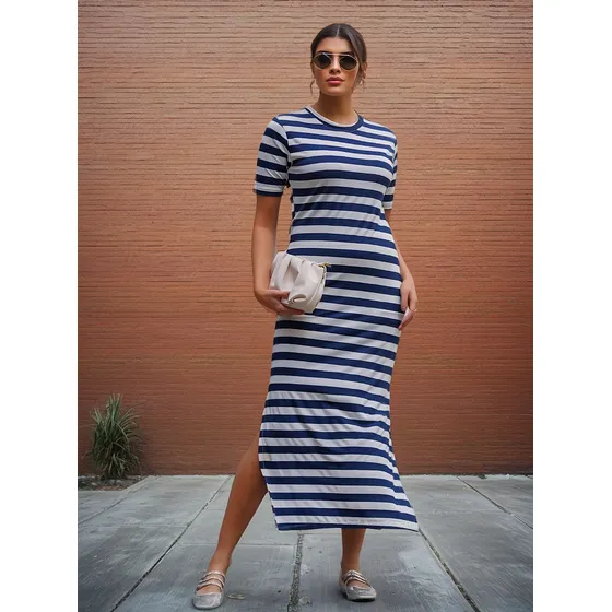 Vestido Listrado Feminino Longo Com Fenda Na Lateral Classic