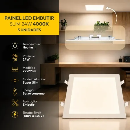 Kit 5 Painel Led Plafon Aluminio Embutir 24w 4000k Branco Neutro 29x29Cm Quadrado Cod: ALUT190074-5 Alut By Avant