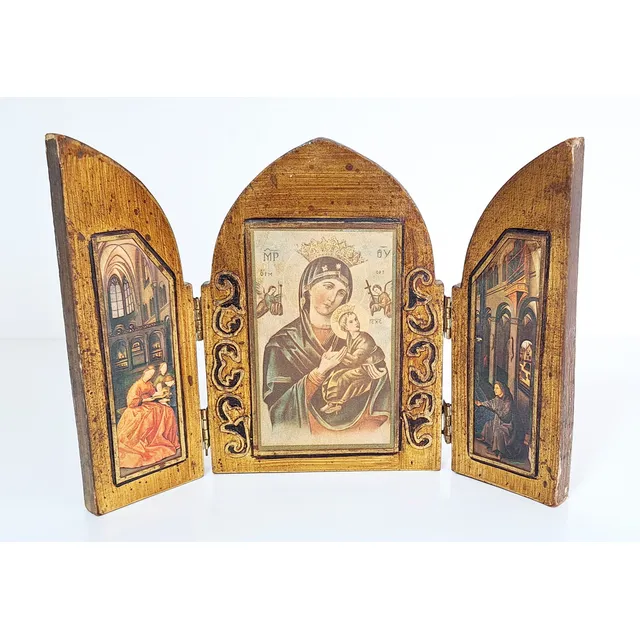 Triptico Religioso En Madera Antiguo Intacto