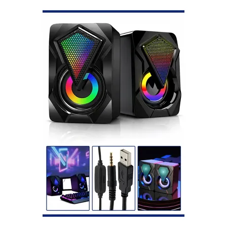 Caixa De Som Rgb Para Pc 6w Rms Estéreo Usb E P2 Com Controle De Volume Plug And Play Compacta Com Led Rgb Para Computador Notebook Celular Tablet Projetor Som Limpo E Potente Preto 6w 5v