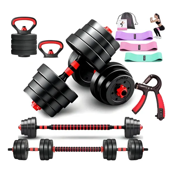 Set Mancuernas 30kg Rojo Negro Ajustable con Barra Recta y Pesa Rusa | Cuotas sin interés