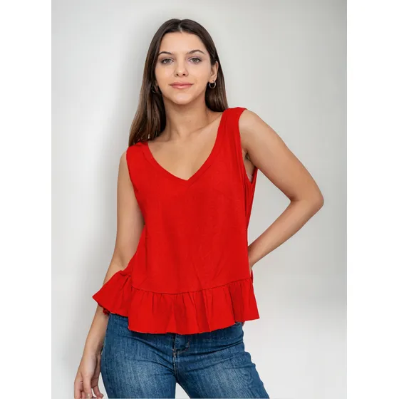 Blusa Musculosa De Lino Fresco Con Volados Sin Mangas