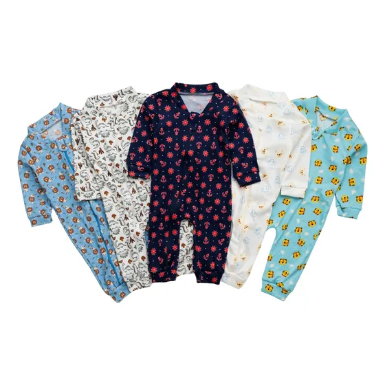 Kit 5 Macacão Canelado Estampado Bebê Zíper Menino E Menina