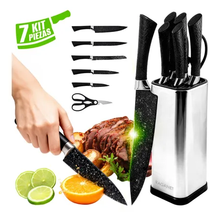 Set De 5 Cuchillos Antiadherentes Para Cocina Acero – Plateado/negro