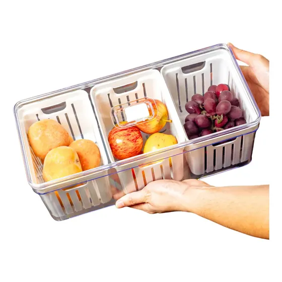 Organizador De Geladeira Grande Com 3 Cestos de Drenagem 6,8 L