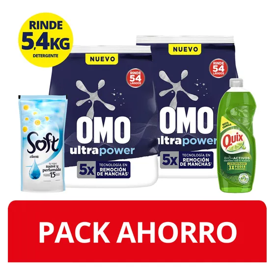 Pack Omo Polvo 2,7kg X2 + Quix 500ml + Soft 450ml