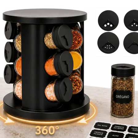 Porta Temperos Condimentos 9 Potes De Vidro Base Giratória 360° 9 Etiquetas Adesiva Organizador Cozinha Dosador Suporte Bancada Mesa Orégano Sal Páprica Pimenta Indue Variedades