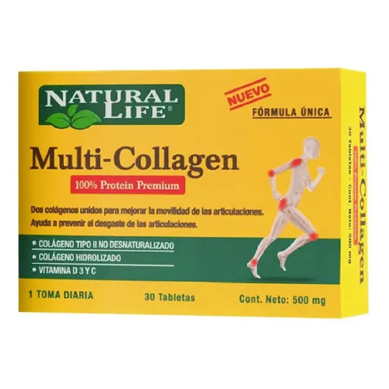 Multi-Collagen Natural Life con 2 Clases de Colageno Vitamina D3 y Vitamina C Caja con 30 Comprimidos
