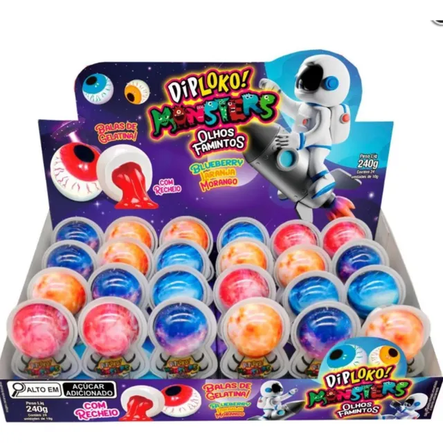 Display Bala Gelatina Diploko Monsters Olhos Famintos C/24un