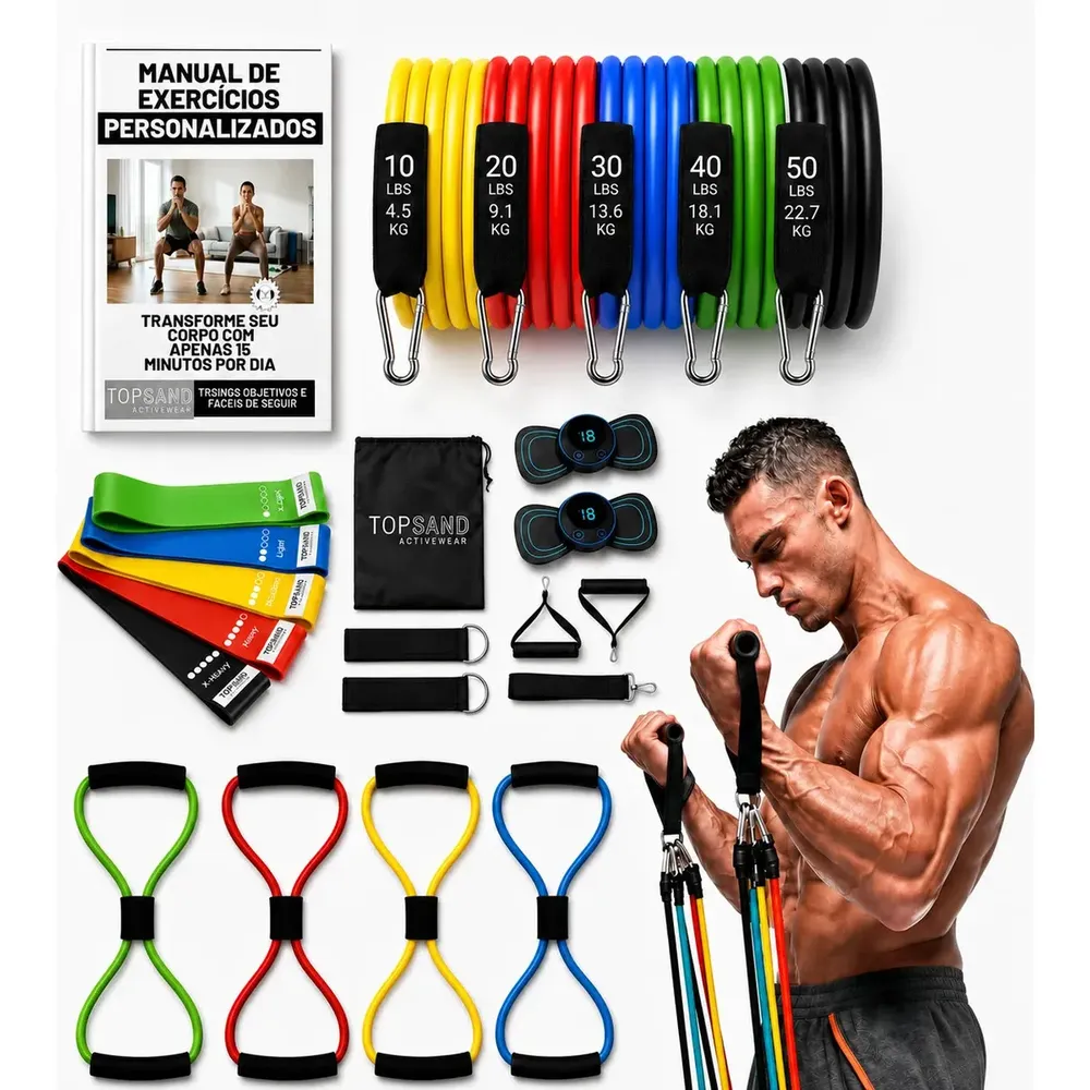Kit 20 Itens Esportivos Para Treino Em Casa Academia Fitness Funcional Com Elásticos Extensor Puxadores Massageador Faixas Elásticas Mini Band P/ Exercícios Ginástica Fisioterapia Topsand Activewear