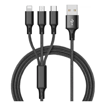Cabo Carregador 3 Em 1 1m Tipo C Lightning Micro Usb Nylon Preto