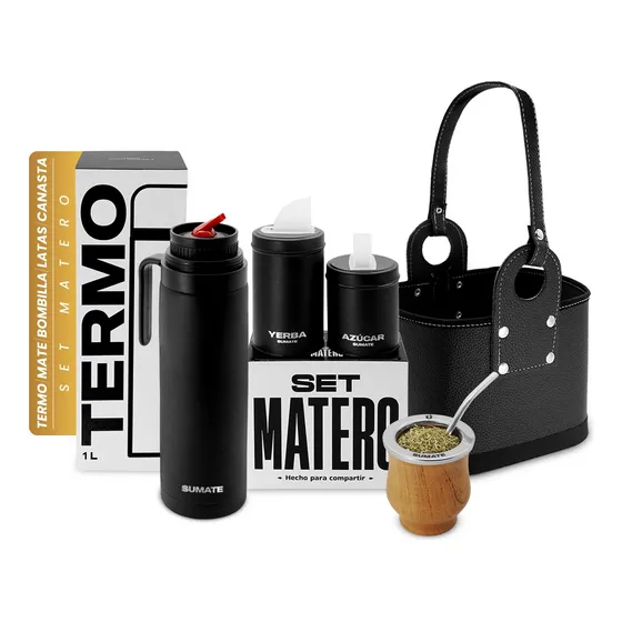 Set Matero Termo Acero 1 L Manija Mate Sumate Latas Canasta