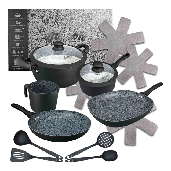 Set Olla Cacero Sarten Bifera Uten Hudson Granito Negro Bz3