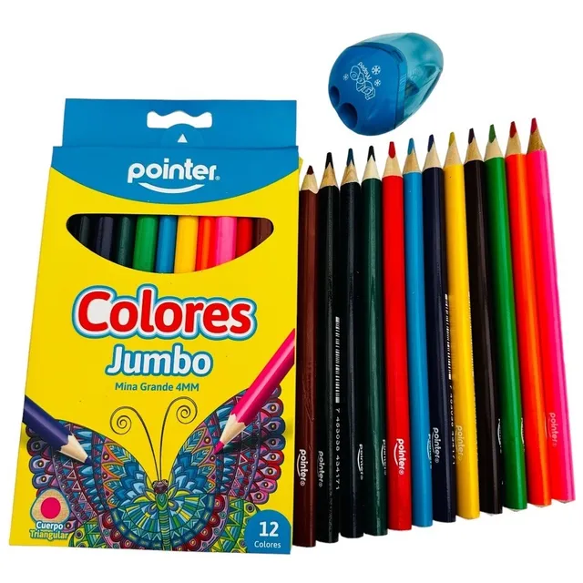 Set 12 Lapices Colores Jumbo Triangular + Sacapuntas