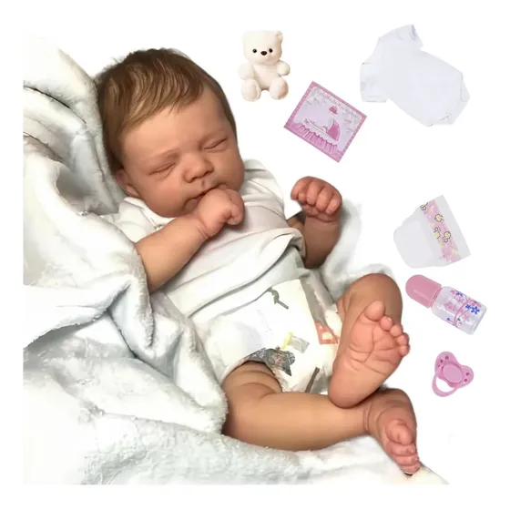 Boneca Reborn Bebê Realista Original 100% Silicone Boneca baby Dormindo 48cm com Acessórios Noveve