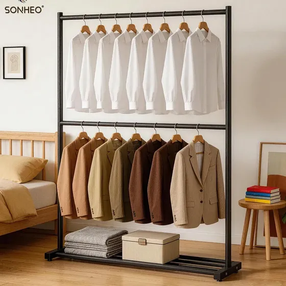 Sonheo 180*100cm Perchero Rack Organizador Tres Ropa Armario Closet Hogar Negro Piso Metalicos Colgar Ropa