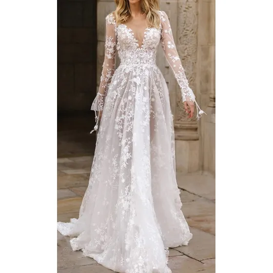 Vestido De Novia Bordado Espalda Descubierta Manga Larga