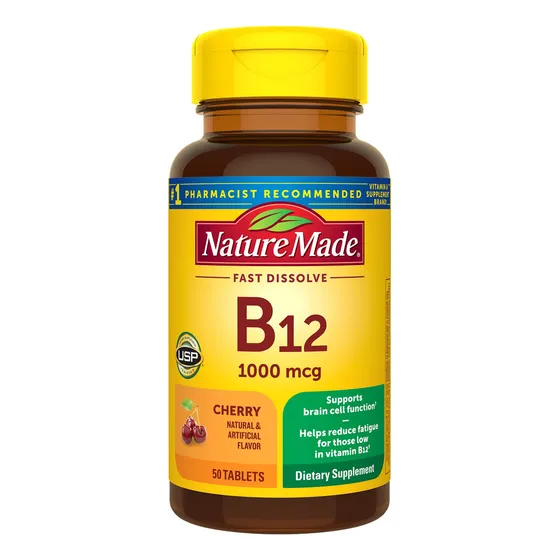 Vitamina B12 1000 Mcg Sublingual Nature Made 50 Pastillas Sabor Cereza en tabletas de raida disolucion para apoyo a una optima funcion celular reduce la fatiga y agotamiento fisico