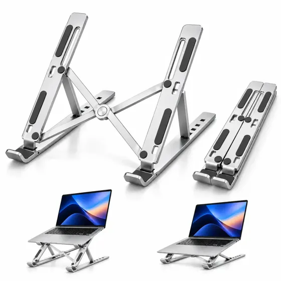Suporte Para Notebook e Macbook Dobrável Ajustavel Antiderrapante Resistente Prateado 6 Posiçoes Woosh
