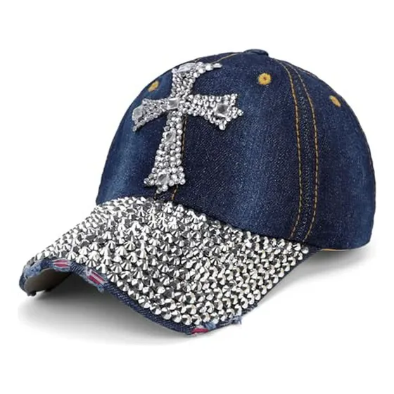 Gorra Snapback Jean Con Cruz Brillante En Denim - Unisex