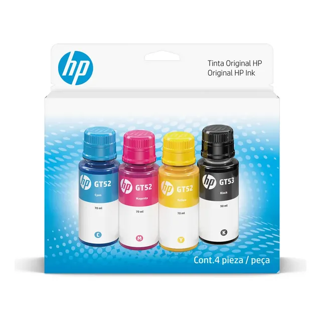 Pack De 4 Botellas De Tinta Hp Gt53/gt52 Original Negro, Cya