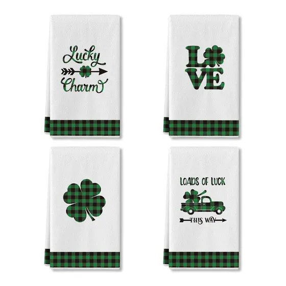 Buffalo Plaid Lucky Clover Shamrock Truck Juego 4 Toalla