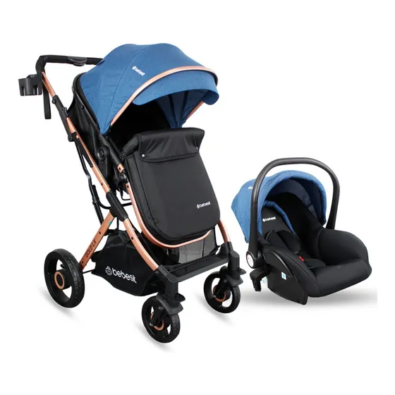 Coche Bebé Travel System Tipo Moises Color Azul Chasis Dorado