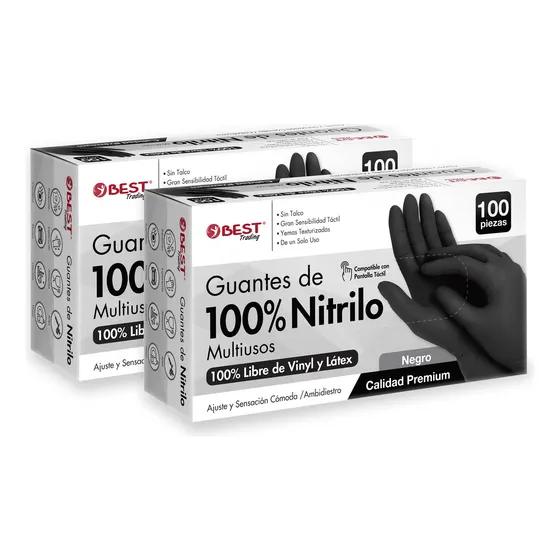 200 Guantes Nitrilo Premium Negro Libre De Látex Sin Polvo