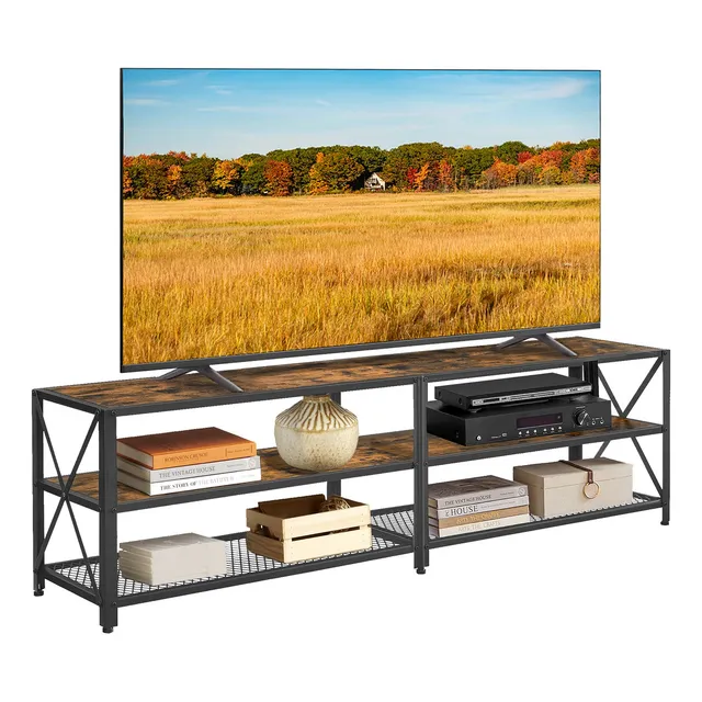 Vasagle Soporte De Tv Para Tv De Hasta 75 Pulgadas, Mesa De Tv, Centro De Entretenimiento, Consola De Tv De 3 Niveles, Marco De Acero, Estilo Industrial, Para Sala De Estar, Café Rústico Y Negro