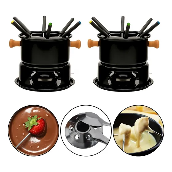 Kit 2 Conjuntos Fondue Aço 11 Peças Chocolate Carne Queijo