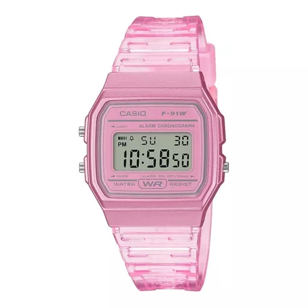 Reloj pulsera Casio Collection F-91WG-9QDF-SC de cuerpo color rosa, digital, para hombre, fondo gris, con correa de resina color transparente y rosa, dial negro, minutero/segundero negro, bisel color 