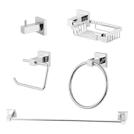 Kit Acessórios De Banheiro Quadrado Luxo Cromado De Metal Cor Prateado