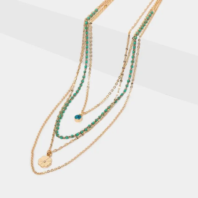Collar De 4 Cadenas, Ojo Turco, Flor Y Cuentas Verdes
