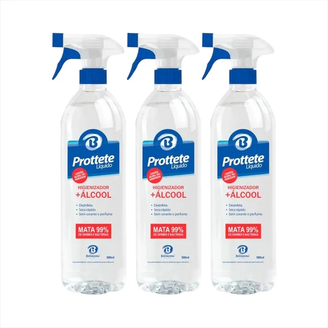 Prottete Líquido Higienizador + Álcool70% 500ml Kit C/3