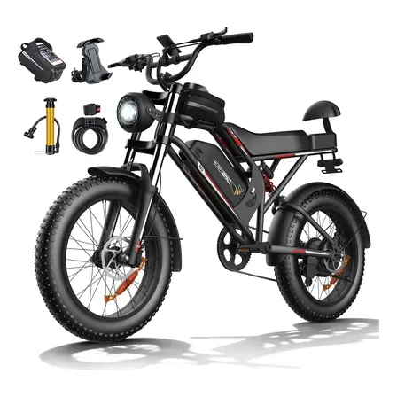Bicicleta Eléctrica Honey Whale K6s De 20 Y 1080w, Con Batería De 48v Y 15.6ah Negro Con Rojo