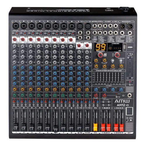 Amw AN12 v3 Mesa De Som 12 Canais Com 4 Auxiliares 99 Efx E Usb 127/220V