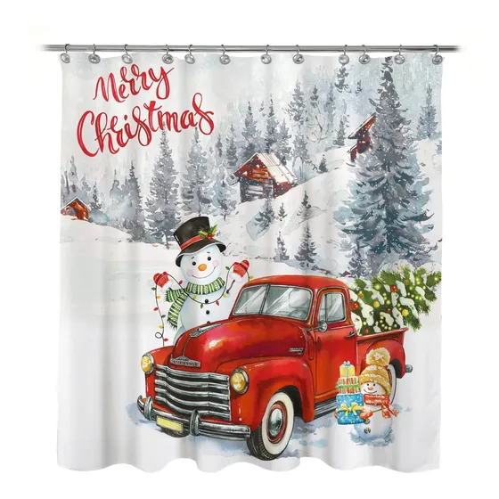 Cortina Ducha Feliz Navidad Camion Rojo Arbol Muñeco Nieve X