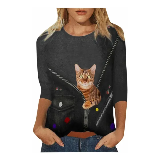 Blusa Manga Larga Para Mujer Camiseta Estampada Cuello Talla