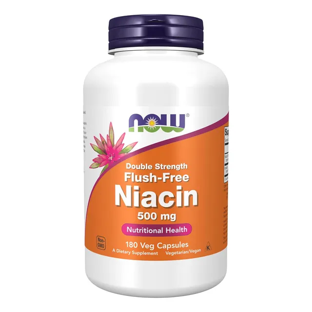 Suplemento en cápsulas vegetales NOW Premium Niacina sin rubor 5000 mg 180 cps Niacina (vitamina B-3) Niacina sin rubor 500 mg 180 cps Now Foods Sabor sin sabor en un frasco de 180 ml y 180 oz