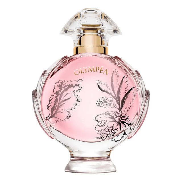 Frasco de vidro transparente do perfume Olympéa Blossom de 30ml com tampa dourada e ilustrações florais pretas no vidro
