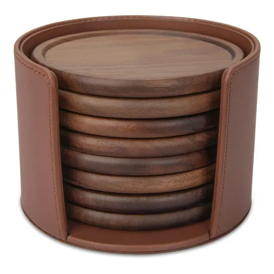 Juego 8 Posavaso Madera Soporte Cuero 4 Nogal 100% Mesa