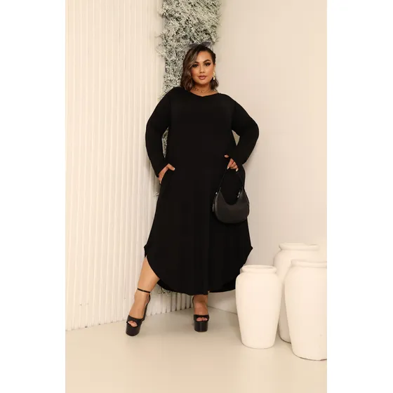 Vestido Plus Size Longo Midi Soltinho Manga Comprida Bolso