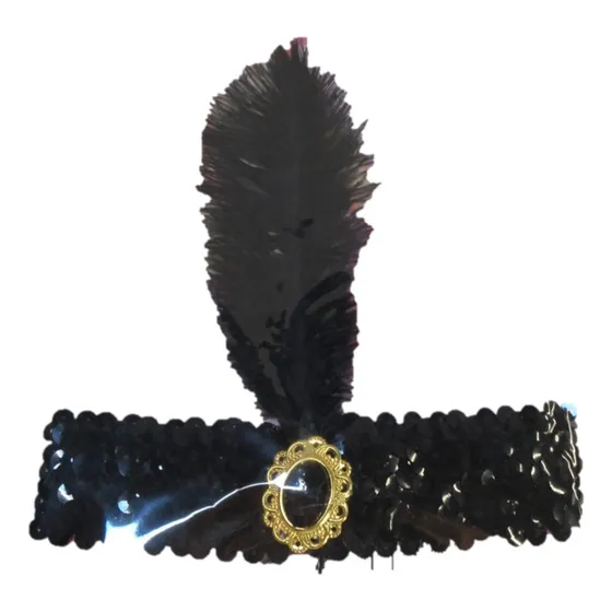 Vincha Charleston Elastica Lentejuelas Dije Y Pluma Disfraz Color Negro