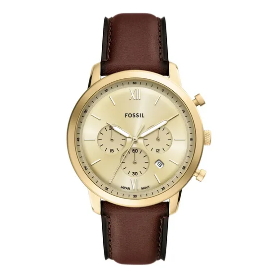 Reloj Hombre Fossil Fs6113 De Piel Marrón Bisel Dorado Fondo Dorado