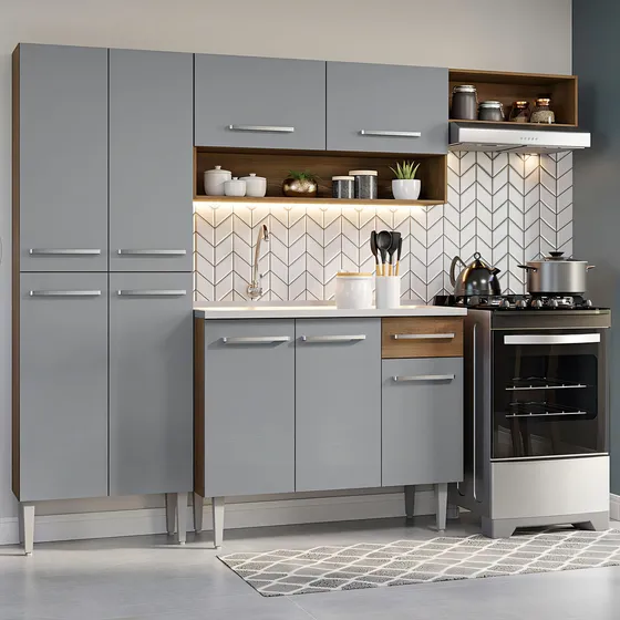 Cocina Integral Completa Modular Madesa Emilly Color Gris y Marrón