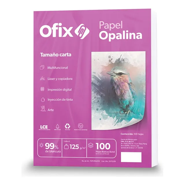 Papel Opalina Carta 125gr Ofix Paquete 100 Hojas 99 Blancura