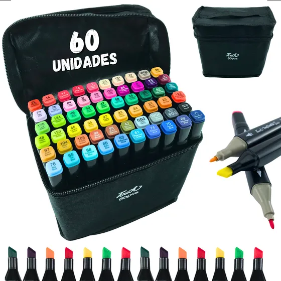 Canetinhas Coloridas Escolar Ponta Dupla Estojo Com 60 Cores